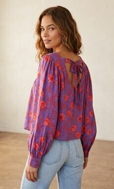 Free People Floral Orchid Purple Linen Blend Tie Back Blouse M Boho Cottagecore